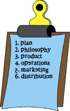 When building your small business, there are six major areas to consider-- plan, philosophy, product, operations, marketing, and distribution.